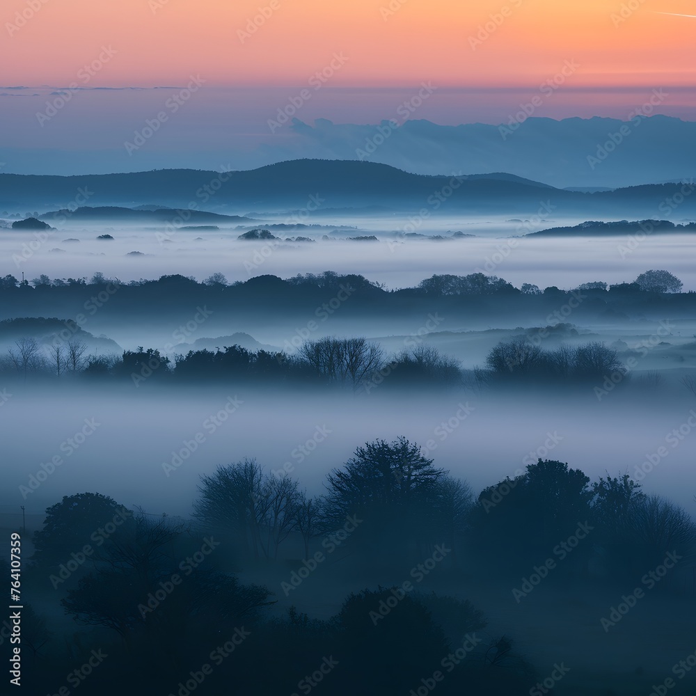 Fototapeta premium Early morning mist veils the landscape in mystical serenity For Social Media Post Size