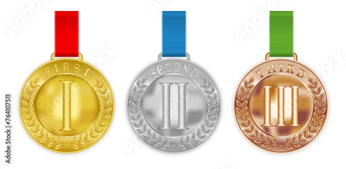 Gold , silver , bronze , medals with Roman numbers on a white background. Realistic vector illustration