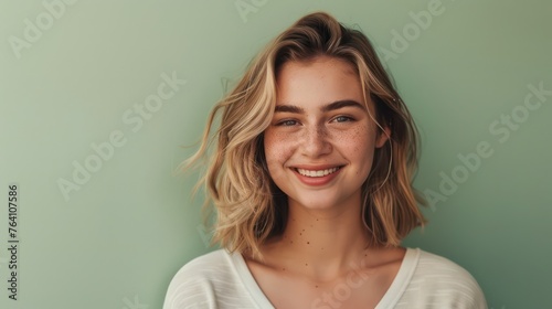 A sweet demure smile adorns the face of a 30-year-old beautiful woman standing against a plain pale pistachio background.

 photo