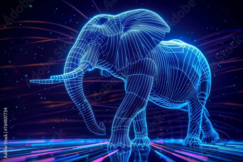 Linework Illustration Blue Neon Elephant with Streamlines moving fast Datastreams created with Generative AI Technology © Sentoriak