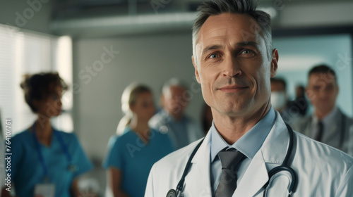 A confident healthcare professional in a lab coat with a stethoscope.