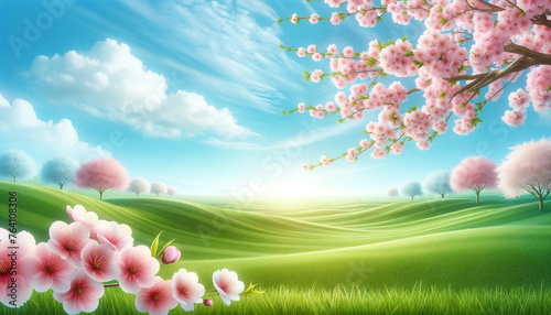 春の訪れを告げる桜並木の絵画：穏やかな空の下で咲き誇る花々と柔らかな緑の草原美しい桜、水色の空、緑の草原を描いたイラストをアスペクト比16:9で制作させていただきました。 美しい春の日を表現できていれば幸いです。