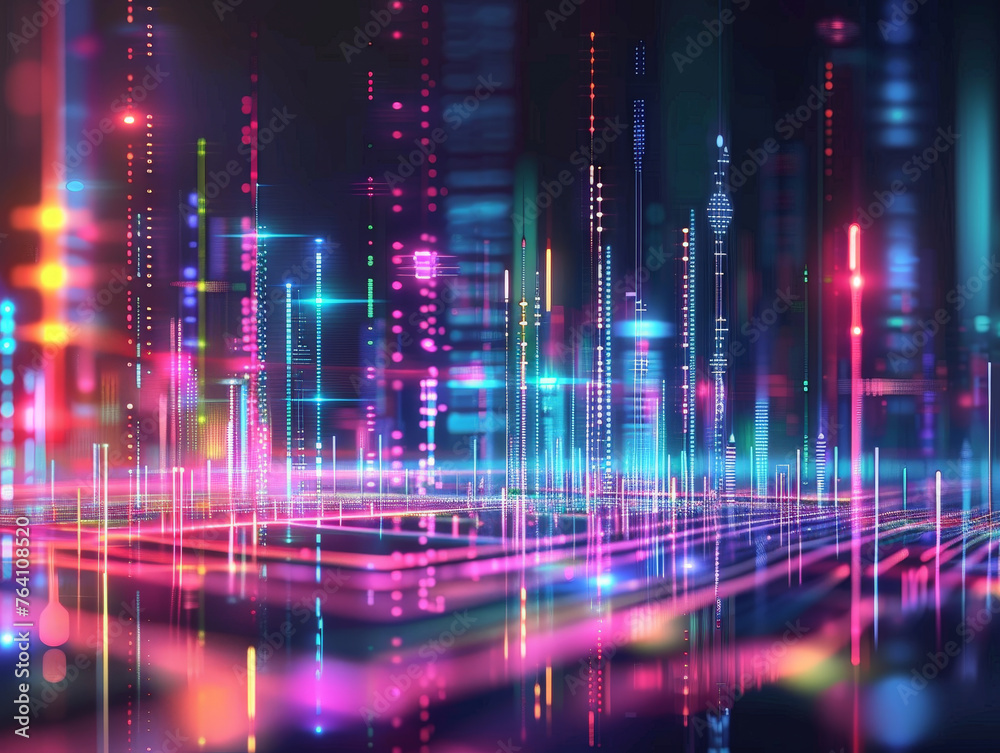 A cityscape with neon lights and buildings