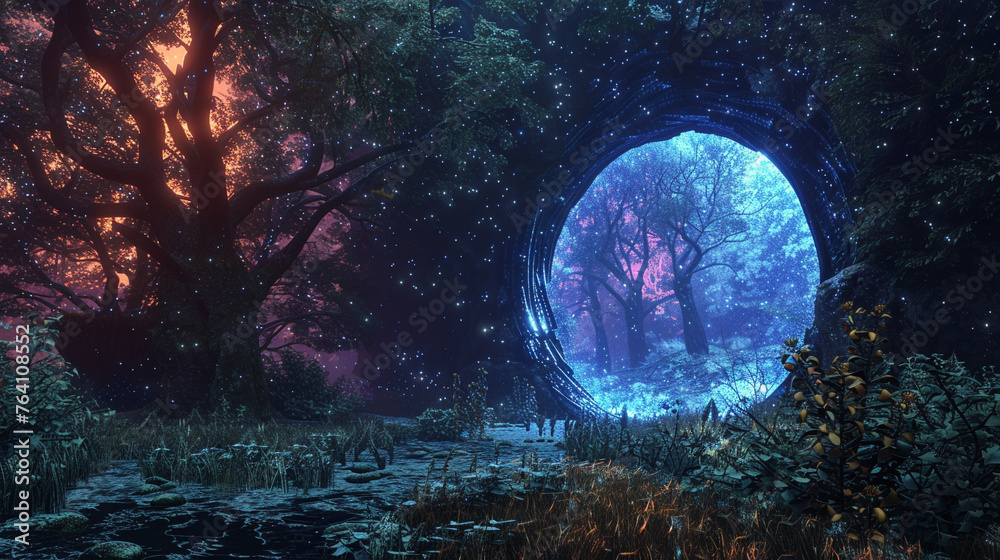 Fototapeta premium Shimmering portal, mystical forest, shortcut, different time
