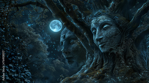 Ancient trees, carved faces, moonlight, mystical forest whispers secrets