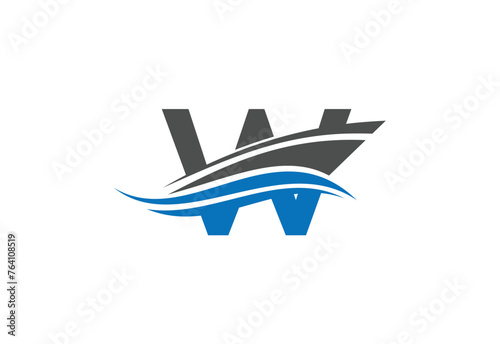 Sailing ship logo design vector illustration with latter W