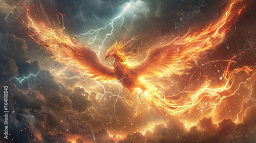 Mythical phoenix rebirth amidst a thunderstorm, flames and lightning intertwining in a dance of renewal and power photo