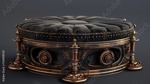 Steampunk 3D podium, burnished brass, gears, pistons, steam vents, velvet cushion on top photo