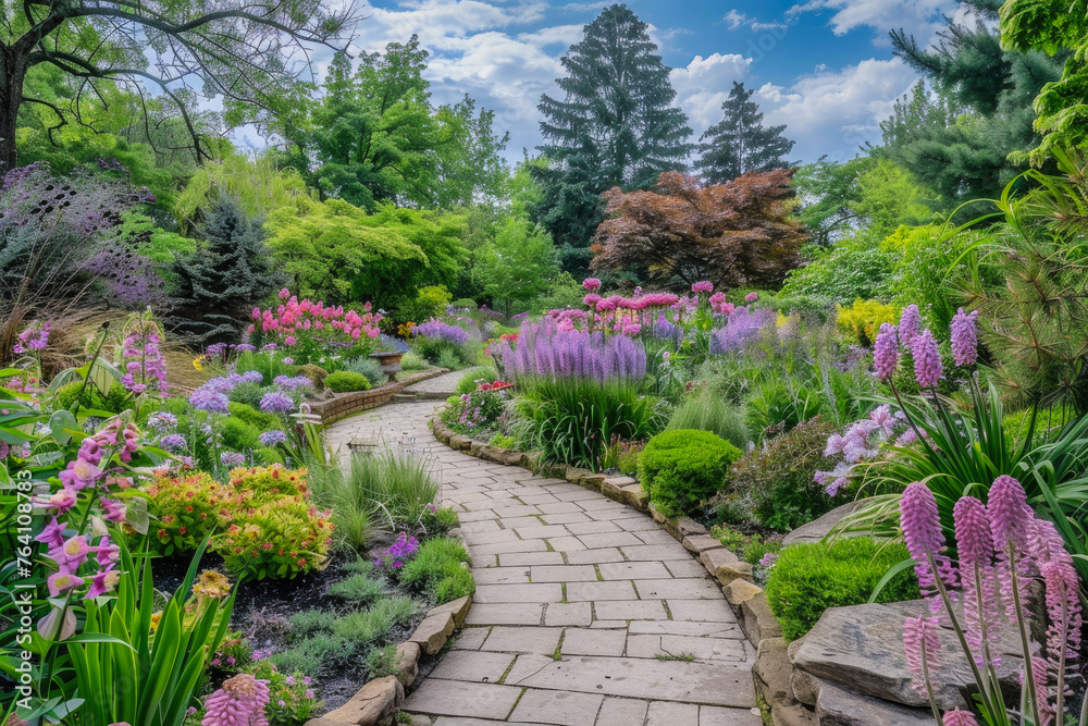beautiful blooming garden with many colorful flowers and blooming plants and greenery