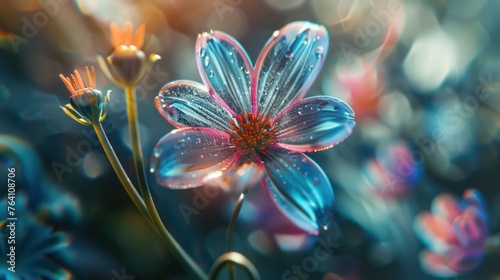 In the wild, a vibrant and translucent flower of love blooms, resembling a fantasy.

