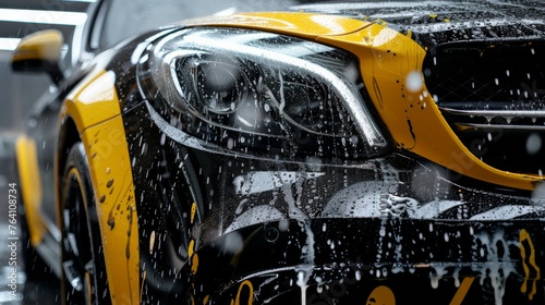 Gleaming Elegance: A Rain-Kissed, Yellow-Striped Black Car Exuding Power and Luxury © Amal