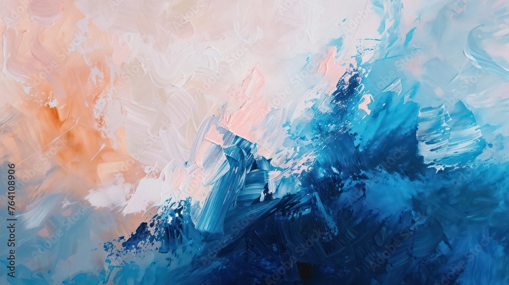 Abstract paint strokes on canvas featuring blue hues reminiscent of the sea and accents of peach.

