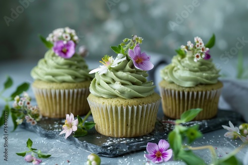 Vegan matcha cupcakes with a delicate green tea frosting, topped with edible flowers, embodying the trend towards natural and plant-based ingredients