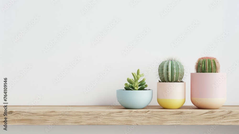 Cactus in a simple pastel-colored pot on a wooden shelf against a white wall background, with copy space