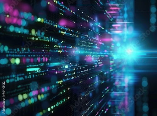 Abstract concept of coding and software development, with vibrant lines of code in selective focus on a computer screen, embodying innovation and the digital world - AI generated.