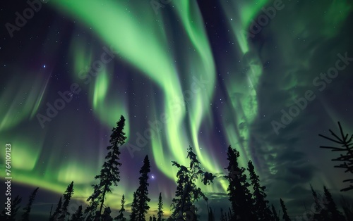 A stunning aurora dances across the night sky in a mesmerizing display