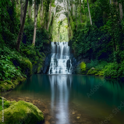 Picturesque waterfall surrounded by dense foliage in a tranquil forest For Social Media Post Size