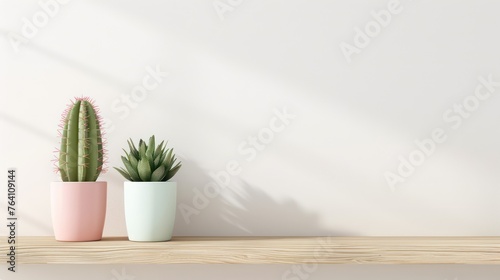 Cactus in a simple pastel-colored pot on a wooden shelf against a white wall background, with copy space