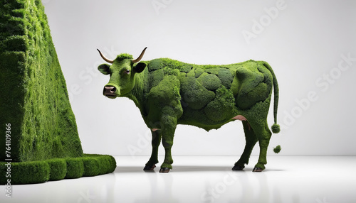 A cow covered in lush green leaves and grass as a symbol of ecological concept photo
