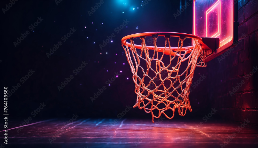 A basketball hoop with sparkling light against dark background