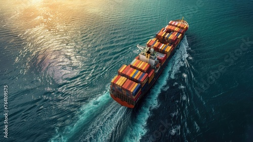 Container ship arriving in port, containership and tug boat going to deep sea, logistic business import export international shipping and transportation concept, Aerial view.