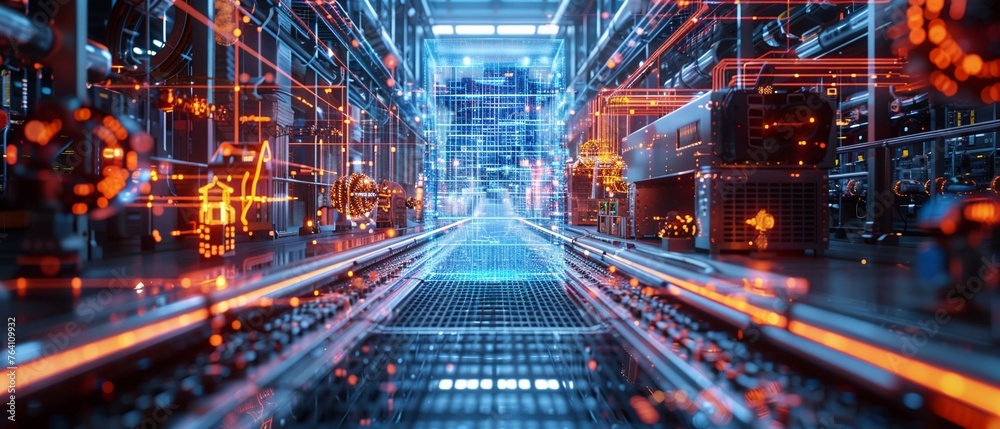 Futuristic Factory in Operation, holographic wireframe digital technology , high resolution Futuristic Factory in Operation, holographic wireframe digital technology , high resolution