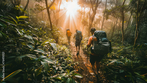 A group of hikers with backpacks walking through a lush forest bathed in morning sunlight.
