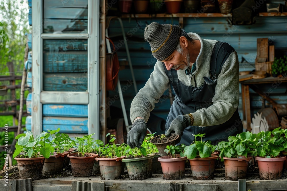 male gardener transplants vegetable seedlings at his dacha. gardening concept