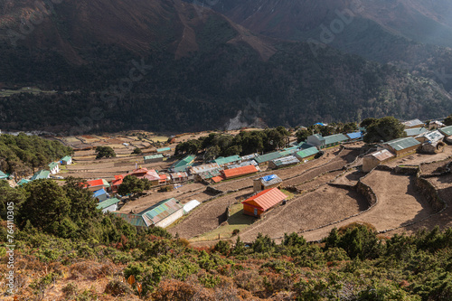 The view of houses and fields in Pangboche, Solukhumbu, Nepal. Everest Base Camp EBC or Three passes trek in Nepal. photo