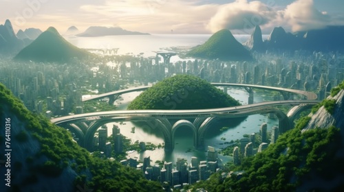 Green ecofriendly city of the future. Futuristic cloud floating city, data transfer #764110316
