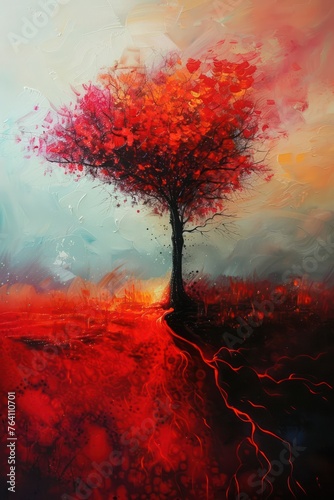 Surreal nature painting illustrating solitary trees in autumn with warm shades.