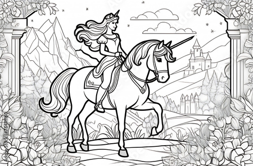 coloring page style, Princess and unicorn coloring page. Coloring page outline of cartoon. Vector illustration, coloring book for kids. Doodle page. Children background