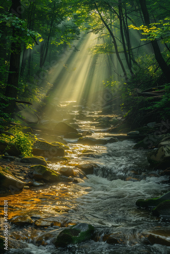Mountain river, stream with small waterfall with clear turquoise water falling between wet boulders, rocks with thick white foam on an autumn bright day with run rays 