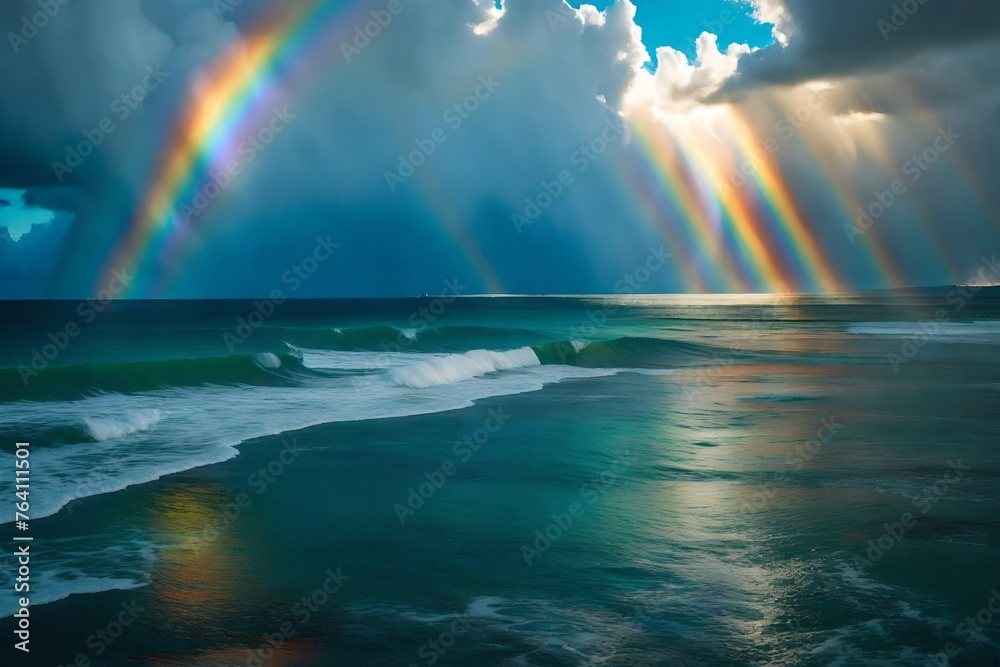 A vibrant rainbow stretching across the sky after a passing rain shower ...