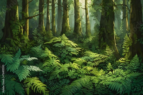 A dense thicket of ferns and shrubs creating a lush undergrowth beneath towering trees  forming a haven for diverse forest creatures.