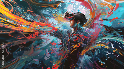 An individual engages with a virtual reality experience  surrounded by a fantastical explosion of digital paint splatters