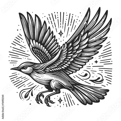 bird in flight tattoo, surrounded by decorative elements, freedom and grace sketch engraving generative ai fictional character vector illustration. Scratch board imitation. Black and white image.