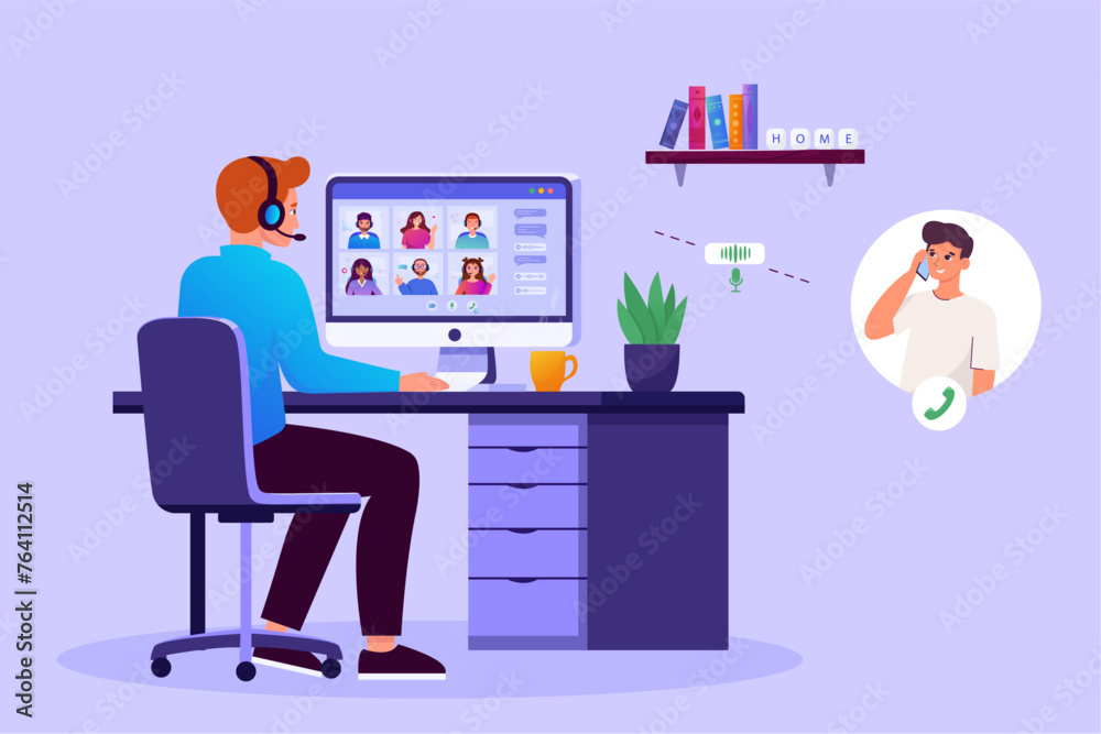 Online call center concept in flat vector style. Work from home concept Man working on laptop back view. Operator works online, answers calls in a call center and calls colleagues.