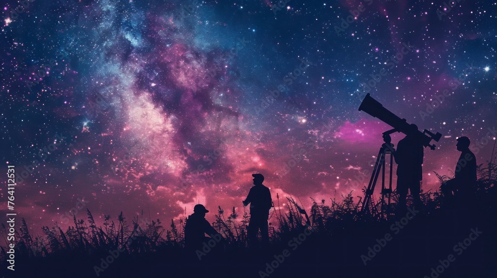 group of people observing stars with a telescope at night on a hill with the starry sky