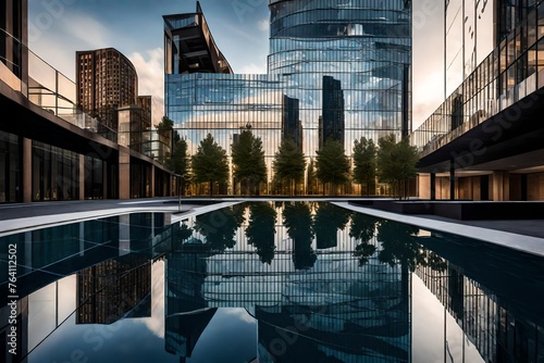 Urban reflection pool mirroring the sleek lines of surrounding modern architecture.