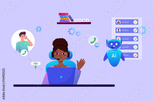 Home work concept. A afro girl wearing headphones sits at a table and works as an operator, communicates with people, answers calls in a call center using AI