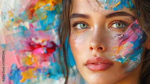 Lovely lady painting with bright colors, forming abstract backdrop