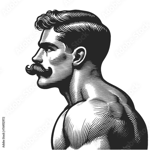 strong man with a classic mustache and muscular build sketch engraving generative ai fictional character vector illustration. Scratch board imitation. Black and white image.