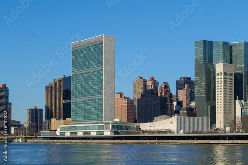 Midtown Manhattan skyline  United Nations Building View on a Clear Blue day  New York City. High-quality photo