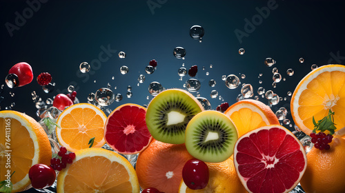 Slices of colorful citrus fruits fall into the water and fascinate with their juiciness and freshness