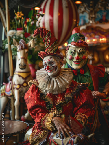 jester sitting on top of an ornate carousel horse