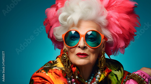 Portrait of gray haired senior lady with bright makeup, chunky jewelry, pink feather in hair and sunglasses posing on blue background isolated with copy space.