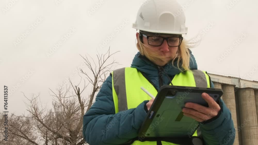 Young woman foreman looking away wearing reflective bib and hard hat is inspection checklist tablet after long day of work on site at factory. Young woman foreman looking away wearing reflective bib and hard hat is inspection checklist tablet after long day of work on site at factory.