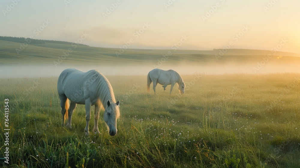 Fototapeta premium The white horse on the grassland in the morning, with the light dust, the scenery is large