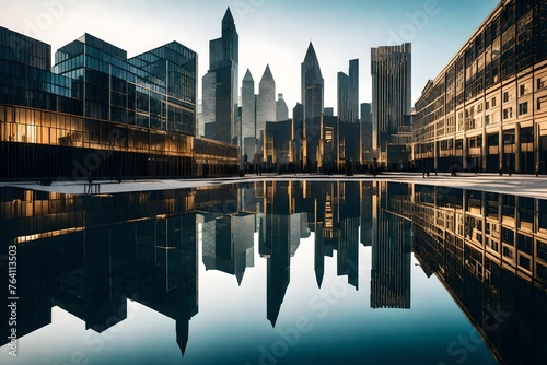 Cityscape mirrored in the pristine waters of a reflective urban lake surrounded by architectural marvels. photo